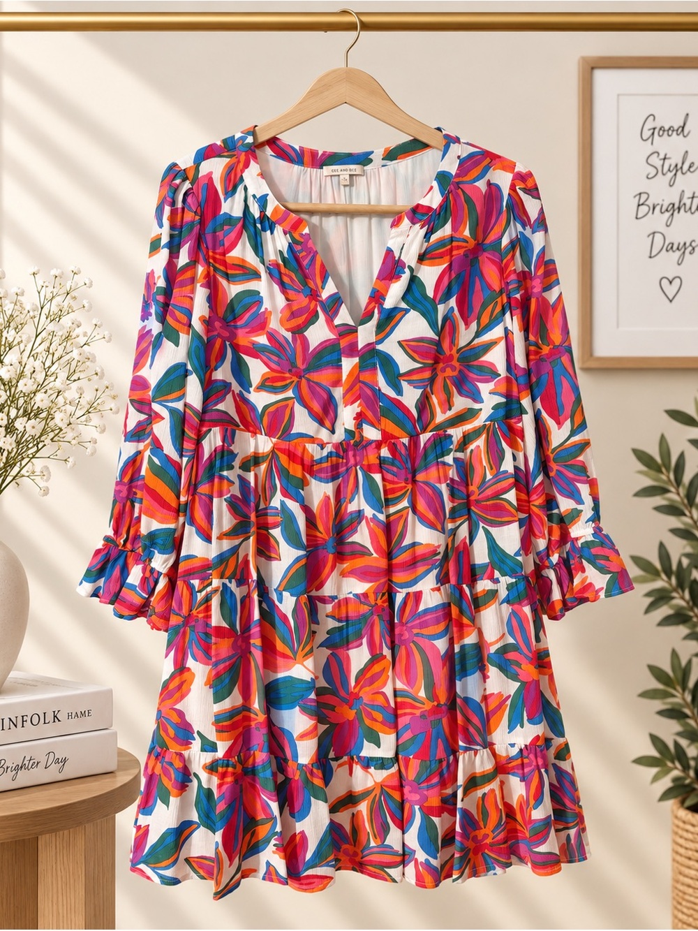 SKIES ARE BLUE Floral Tiered V-Neck Mini Dress in Multicolor